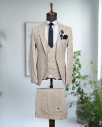 Beystil Sivri Yaka Bej Takım Elbise Petek04 - Slim Fit - Beystil