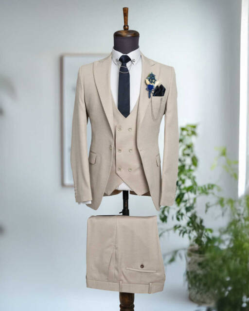 Beystil Sivri Yaka Bej Takım Elbise Petek04 - Slim Fit - Beystil