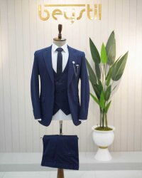 Beystil Sivri Yaka Lacivert Takım Elbise Petek04 - Slim Fit 