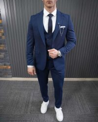 Beystil Sivri Yaka Koyu Mavi Takım Elbise Petek04 -Slim Fit 