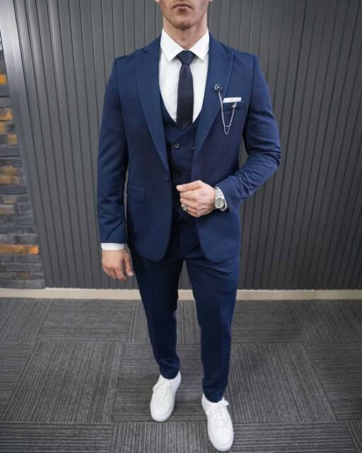 Beystil Sivri Yaka Koyu Mavi Takım Elbise Petek04 -Slim Fit - 