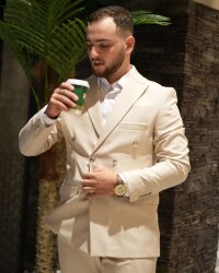 Beystil Sivri Yaka Bej Kruvaze Takım Elbise Roni - Slim Fit 