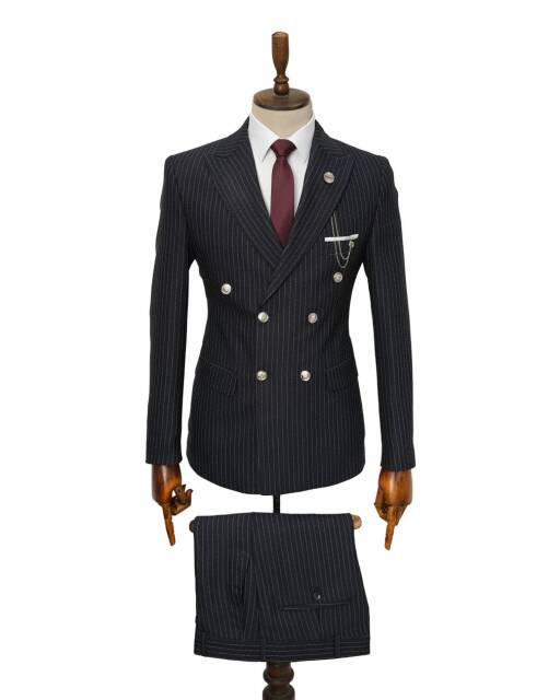 Full Set SlimFit Çizgili Kruvaze Takım Elbise Siyah Togo - 