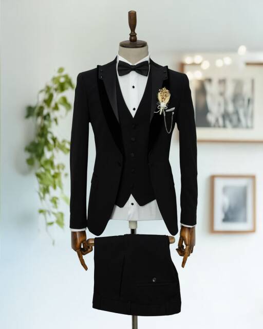 Full Set Slimfit Likralı Kırlangıç Yaka Siyah Damatlık - 