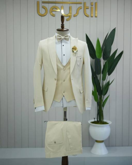 Full Set Slimfit Kırlangıç Yaka Krem Damatlık Y92 - 