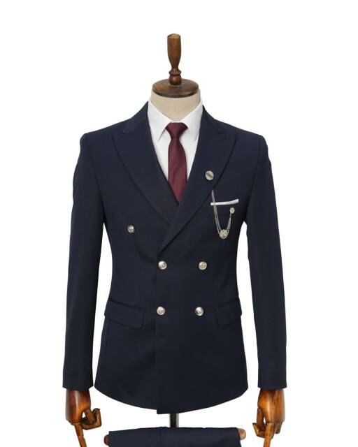 Full Set SlimFit Likralı Kruvaze Takım Elbise Lacivert Nikol - 