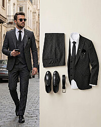 Beystil Sivri Yaka Siyah Kırçıllı Takım Elbise Storm- Slim Fit - Beystil