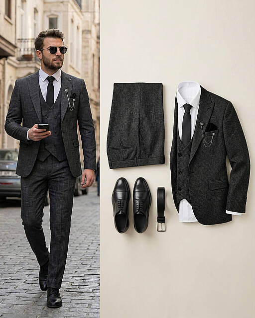 Beystil Sivri Yaka Siyah Kırçıllı Takım Elbise Storm- Slim Fit - Beystil