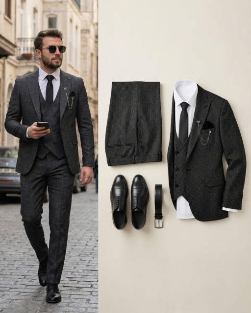 Beystil Sivri Yaka Siyah Kırçıllı Takım Elbise Storm- Slim Fit - 