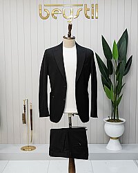 Beystil Sivri Yaka Siyah Spor Casual Takım Elbise - Slim Fit - Beystil