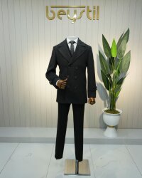 Beystil Sivri Yaka Siyah Yün Karışımlı Kruvaze Kaşe Kaban Teddy- Slim Fit 