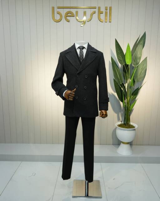 Beystil Sivri Yaka Siyah Yün Karışımlı Kruvaze Kaşe Kaban Teddy- Slim Fit - 