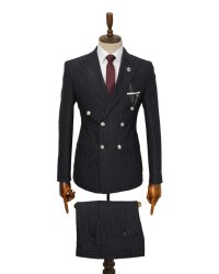 Beystil Sivri Yaka Siyah Çizgili Kruvaze Takım Elbise Togo036 - Slim Fit - Beystil