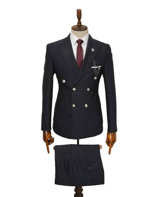 Beystil Sivri Yaka Siyah Çizgili Kruvaze Takım Elbise Togo036 - Slim Fit - Beystil