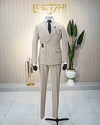 Beystil Erkek Bej Slimfit Beli Tokalı Takım Elbise - Beystil
