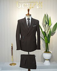 Beystil Erkek Kahve Slimfit Beli Tokalı Takım Elbise - Beystil