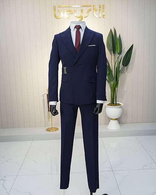 Beystil Erkek Lacivert Slimfit Beli Tokalı Takım Elbise - Beystil
