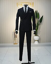 Beystil Erkek Siyah Slimfit Beli Tokalı Takım Elbise - Beystil