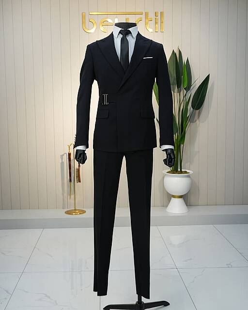 Beystil Erkek Siyah Slimfit Beli Tokalı Takım Elbise - Beystil