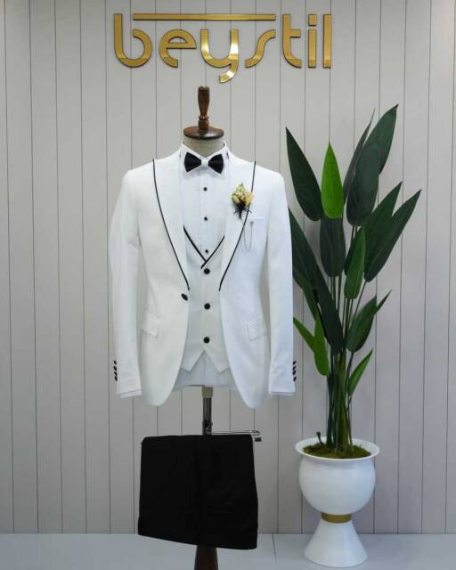 Beystil Sivri Yaka Beyaz Damatlık & Smokin Takım Y75 - Slim Fit - 