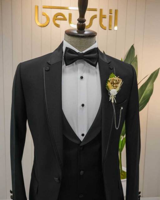 Beystil Sivri Yaka Siyah Damatlık & Smokin Takım Y77 - Slim Fit - Beystil