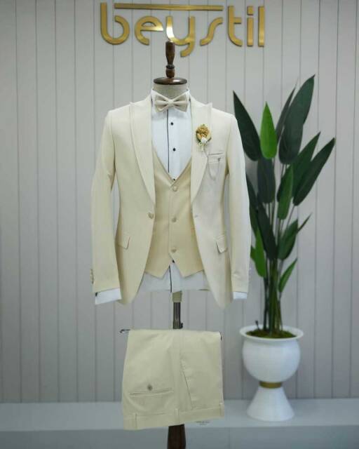 Beystil Sivri Yaka Krem Damatlık & Smokin Takım Y92 -Slim Fit - Beystil